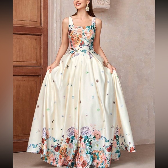 Luxe floral print square neck zip up back party portal gown dress - Picture 4 of 4